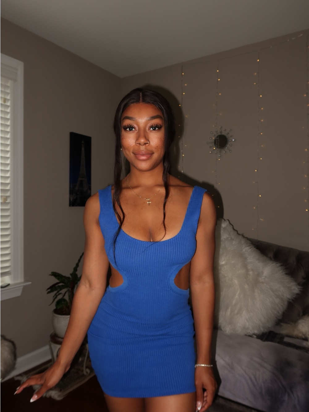 Zara Electric Blue Ribbed Cutout Mini Dress
